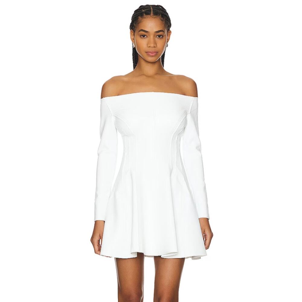 Norma Kamali | Grace Paneled Hourglass Vegan Leather Mini Dress in Snow White XS